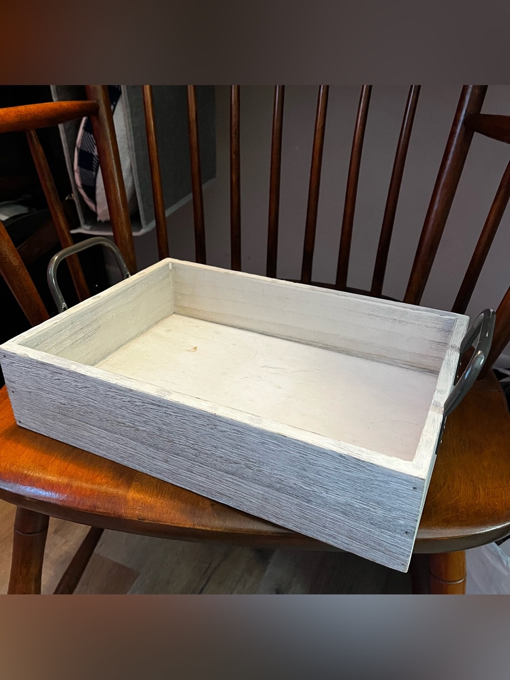 Wood White Washed Tray & Metal Handles